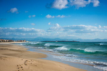 Ocean waves with swell on Los Lances beach in a eastern windy day, Tarifa, Cadiz Province, Andalusia, Spain
