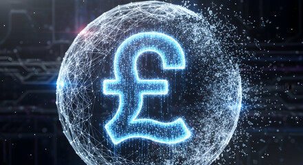 Glowing Blue Pound Symbol Within a Connected Digital Sphere