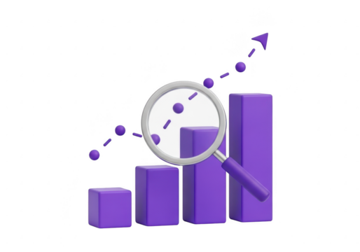 3d graph with magnifying glass showing growth trend isolated on transparent background