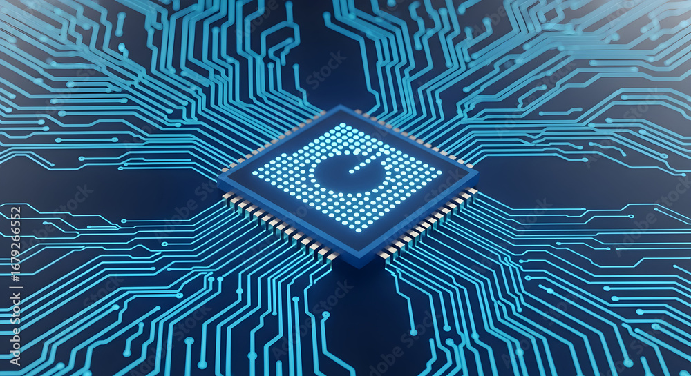 Wall mural glowing blue digital circuit board with central processor unit and data flow