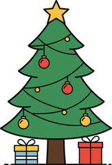 A cartoon christmas tree with ornaments and gifts on transparent background