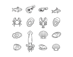 Seafood outline icons. Customizable stroke. Pixel flawless


