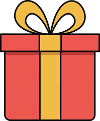 A red gift box with a yellow ribbon and bow on top is shown on transparent background