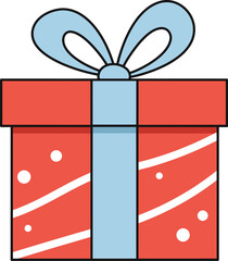 A red gift box with a blue ribbon and white polka dots on transparent background