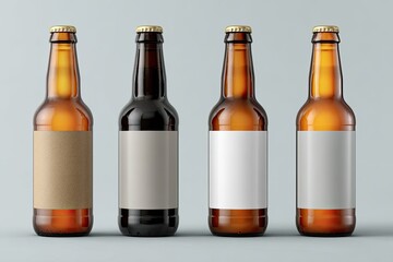 Four brown glass beer bottles, various label colors
