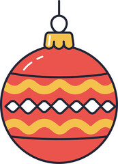 Colorful red Christmas ornament with yellow and white decorations hanging on a string on transparent background