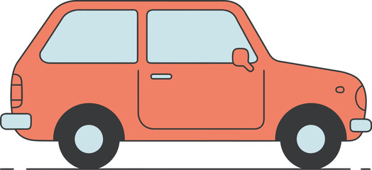 A side view of a small orange hatchback car with a simple design on transparent background