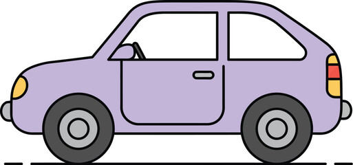 A purple cartoon car driving on a road with a white background on transparent background