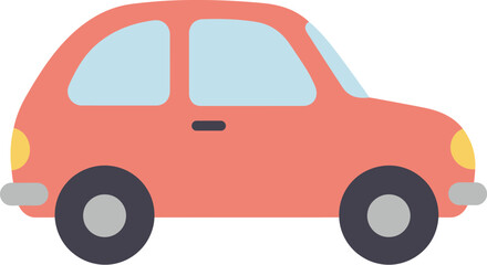 A coral colored cartoon car with light blue windows on transparent background