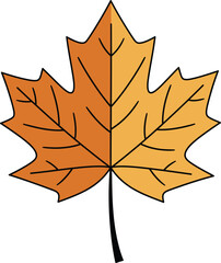 A colorful illustration of a maple leaf in shades of orange and yellow on transparent background