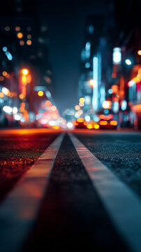 View of city street at night with bokeh lights and white road lane markers