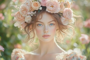 A young woman with freckles and blue eyes wears a flower crown in a garden.