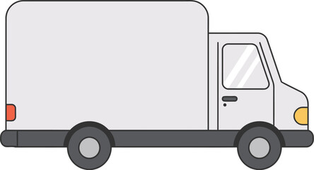 A simple illustration of a white delivery truck with black wheels and base on transparent background