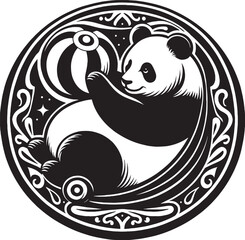 Adorable panda bear playing with a ball in a decorative circular black and white illustration