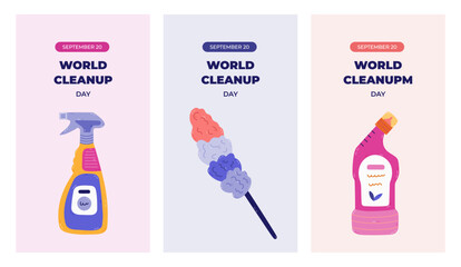 Vertical trendy set of stories for World Cleanup Day with colorful sanitation and clean up clipart. Holiday banner with toilet disinfectant gel, feather duster, spray bottle for social media design.