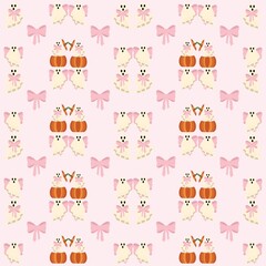 Kawaii Pastel Halloween Pattern with Ghosts, Pumpkins and Pink Bows Seamless Digital Background