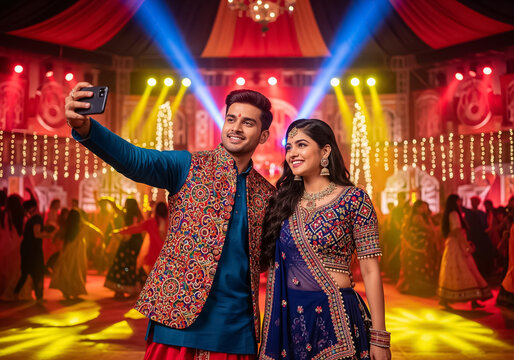 Navratri celebration: Indian couple in traditional attire taking a selfie at a vibrant Garba dance event during Navratri festival celebrations.