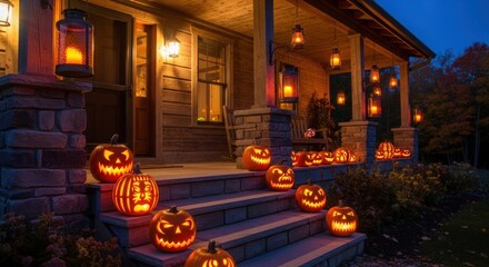 Fototapeta premium Spooky halloween porch decorated with jack o'lanterns and lanterns at twilight hour