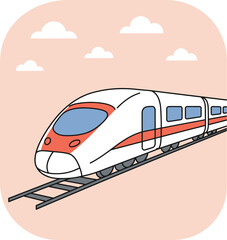 A white and orange bullet train traveling on tracks under a cloudy sky on transparent background