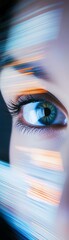 Close-up of a digitally enhanced eye with futuristic digital overlay, representing technology and innovation.