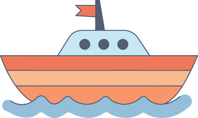 A cartoon orange boat with a flag on the water on transparent background