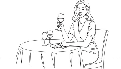 Elegant minimalist line art of a woman enjoying wine at a restau