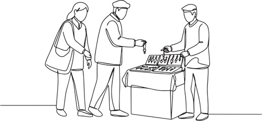 Continuous line drawing of shoppers browsing jewelry at outdoor