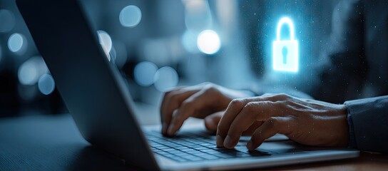 Hands typing on a laptop keyboard with a glowing cybersecurity lock icon.