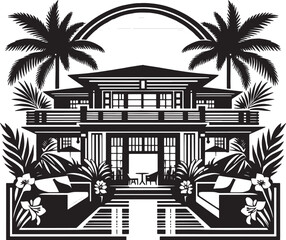 Black and White Vector Illustration of a Tropical House with Palm Trees and Outdoor Seating