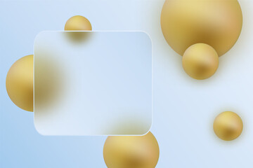 Modern design with a glass morphism effect on a light blue background with golden spheres. Eps 10