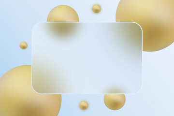 Modern design with a glass morphism effect on a light blue background with golden spheres. Eps 10
