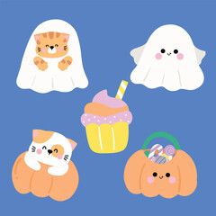 Set of Halloween with cute cats and ghoste