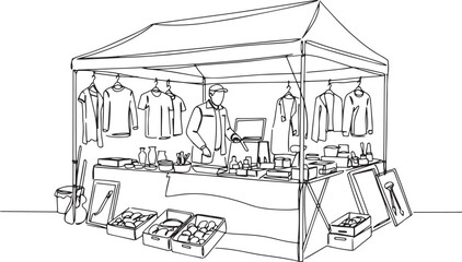 Fototapeta premium Line drawing of a vendor at an outdoor market stall selling vari