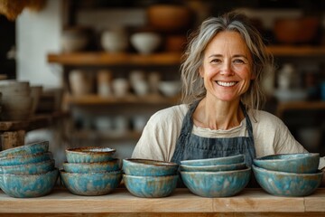 A smiling female potter proudly displays her handcrafted ceramic bowls in her workshop.