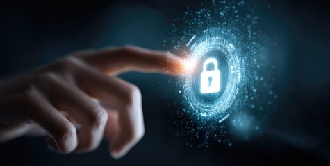 Futuristic cybersecurity concept with finger touching digital padlock.