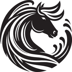 Obraz premium Elegant Black and White Horse Head Logo with Flowing Mane and Swirling Circular Design