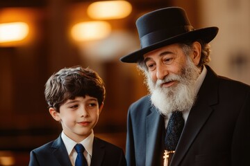 An elderly man in a black hat and suit looks fondly at a young boy in a suit. A heartwarming intergenerational moment.