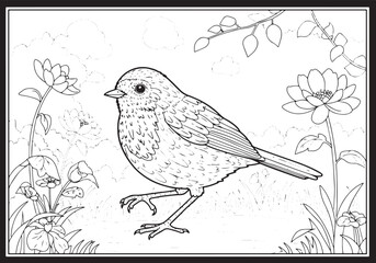 Detailed line art coloring page featuring a charming little bird