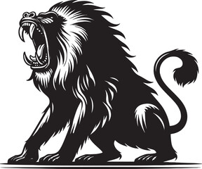 Obraz premium Black and white roaring lion illustration, perfect for logos, design elements, and print projects
