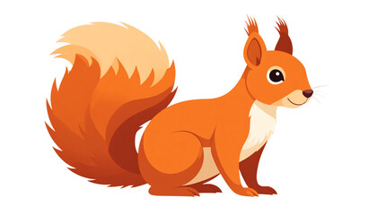 A cute cartoon red squirrel with a bushy tail holds a nut in a funny vector