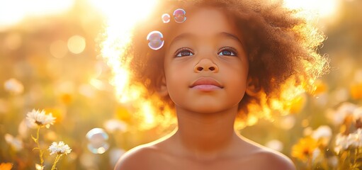 Child blowing soap bubbles in garden with sunlight and colorful reflections