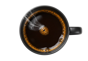 Overhead View of Steaming Black Coffee in a Mug