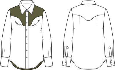 Men’s western shirt flat sketch, technical fashion illustration, front and back views, button-down shirt design template for apparel production and garment specification