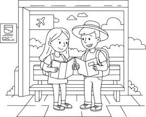 Illustrated traveling couple planning journey together at bus st