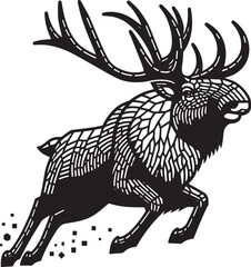 Obraz premium Black and white illustration of a running elk with large antlers, a vector graphic design