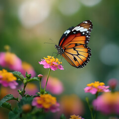 Obraz premium butterfly flying over pink and yellow flowers