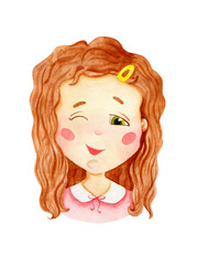 Curly girl watercolor illustration on transparent background. Girl's face character design. Wink eye emotion. Female kid person poster card. Cartoon ginger girl.