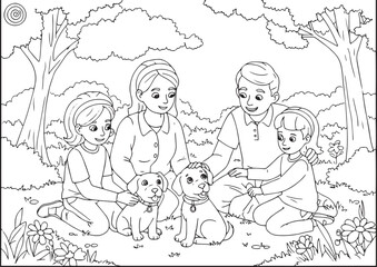 Cheerful family bonding with their playful puppies in a whimsica