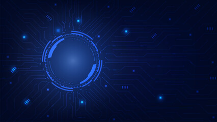 Futuristic HUD frame on digital circuit board on blue background. Circuit connected lines and dots on modern electronic motherboard texture. Hi-tech digital technology concept. Vector illustration.