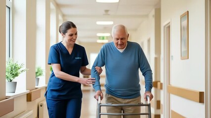 A nurse assisting an elderly man walking with a walker in a corridor. - Powered by Adobe